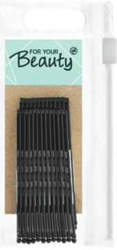 Czarne wsuwki do włosów 5cm na kartoniku "FOR YOUR Beauty", ułożone rzędami, widok z przodu opakowania.