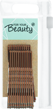 12 brązowych wsuwek do włosów For Your Beauty, w przezroczystym opakowaniu, widok z przodu.