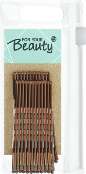 12 brązowych wsuwek do włosów For Your Beauty, w przezroczystym opakowaniu, widok z przodu.