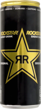Czarna puszka napoju Rockstar Energy Drink Original ze złotym logiem gwiazdy RR i złotym wieczkiem, widok z przodu.