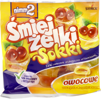 Nimm2 Śmejżeki Sokki: żółta torebka z soczystymi żekami owocowymi i witaminami, widok z przodu.