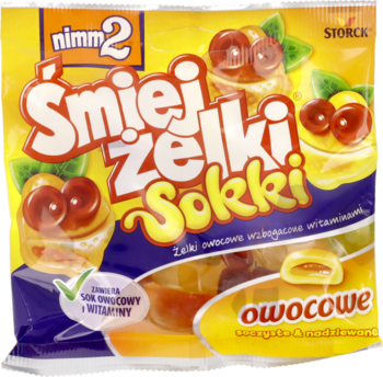 Nimm2 Śmejżeki Sokki: żółta torebka z soczystymi żekami owocowymi i witaminami, widok z przodu.