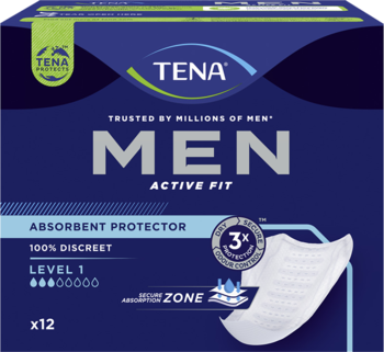 TENA Men Active Fit Level 1, niebieskie opakowanie 12 szt. wkładek męskich, z grafiką dyskretnej wkładki.