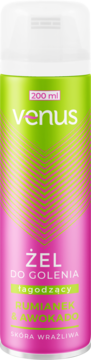 Różowo-zielony żel do golenia Venus 200ml, rumianek i awokado, na wrażliwą skórę, widok z przodu.