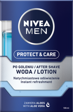 Nivea Men Protect & Care Woda po goleniu z aloesem, niebieskie opakowanie, widok z przodu.