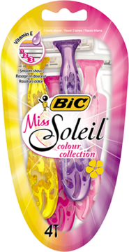 Owalny blister 4 maszynek BIC Miss Soleil Colour Collection z 3 ostrzami i witaminą E, w kolorach żółtym, różowym i fioletowym.