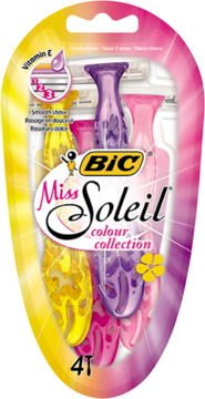 Owalny blister 4 maszynek BIC Miss Soleil Colour Collection z 3 ostrzami i witaminą E, w kolorach żółtym, różowym i fioletowym.