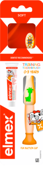 Zestaw Elmex Kids: szczoteczka treningowa 0-3 lata, pomarańczowa z żyrafą, i pasta do zębów 0-6 lat, widok z przodu.