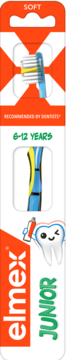 Elmex Junior szczoteczka do zębów, miękka, 6-12 lat, w opakowaniu, widok z przodu. Niebieska z żółtymi włóknami.