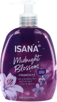 Isana Midnight Blossom kremowe mydło, fioletowa butelka z białymi kwiatami lilii i jaśminu, przód.