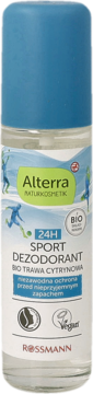 Alterra Sport Deodorant roll-on z trawą cytrynową, w szklanej butelce z niebieską nakrętką i grafiką sportowców, widok z przodu.