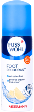 Fusswohl Foot Deodorant spray, niebiesko-białe opakowanie, cytrynowe plasterki, 24h ochrona, odświeża i chroni przed zapachem.