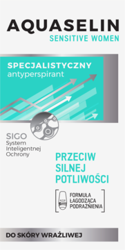 Aquaselin Sensitive Women: specjalistyczny antyperspirant na silną potliwość, do wrażliwej skóry. Białe opakowanie.