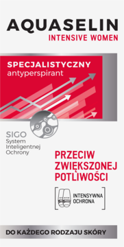 Biało-czerwone opakowanie antyperspirantu AQUASELIN INTENSIVE WOMEN, intensywna ochrona przed nadmierną potliwością.