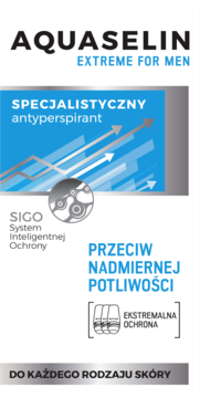 Białe opakowanie AQUASELIN EXTREME FOR MEN, specjalistyczny antyperspirant przeciw nadmiernej potliwości, widok z przodu.