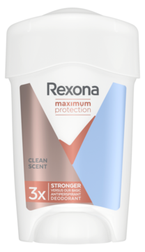 Rexona Maximum Protection Clean Scent, damski antyperspirant w białym sztyfcie, widok z przodu, z etykietą miedziano-błękitną.