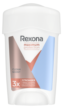 Rexona Maximum Protection Clean Scent, damski antyperspirant w białym sztyfcie, widok z przodu, z etykietą miedziano-błękitną.