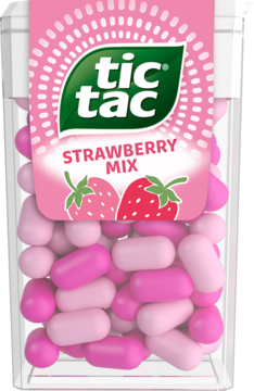Tic Tac Strawberry Mix w przezroczystym opakowaniu, z jasnoróżowymi i różowymi drażetkami truskawkowymi, widok z przodu.