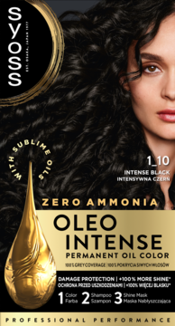 Opakowanie farby Syoss Oleo Intense Intense Black 1-10, bez amoniaku, z kropelką oleju i twarzą kobiety.