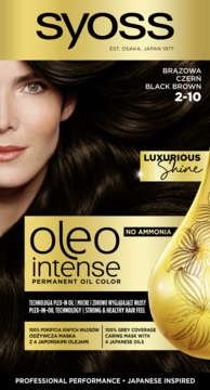 Syoss Oleo Intense, Black Brown 2-10, farba do włosów, czarno-złote opakowanie, trwała, bez amoniaku.