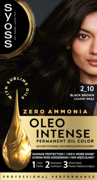 Opakowanie Syoss Oleo Intense 2-10 Black Brown, trwała farba olejowa bez amoniaku, z modelką i złotą kroplą. Widok z przodu.