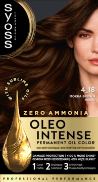 Syoss Oleo Intense farba do włosów Mokka Brown 4-18, bez amoniaku. Opakowanie z kobietą i jej lśniącymi brązowymi włosami.