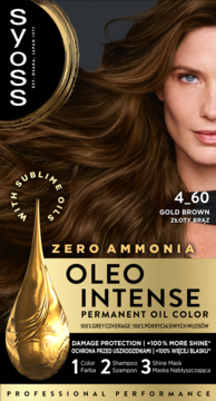 Farba SYOSS Oleo Intense Złoty Brąz 4_60, opakowanie z modelką o brązowych włosach, formuła bez amoniaku, widok z przodu.