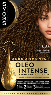 Syoss Oleo Intense 5-86 Słodki Brąz, permanentna farba olejna bez amoniaku. Widok pudełka z modelem i olejem.
