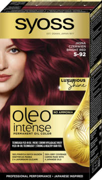 Syoss Oleo Intense Jasna Czerwień 5-92, permanentna farba do włosów bez amoniaku. Czerwone opakowanie z kobietą.