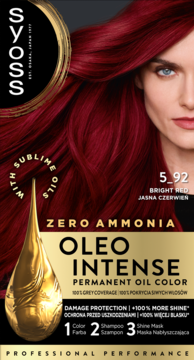 Farba Syoss Oleo Intense 5-92 Jasna Czerwień, permanentna, bez amoniaku, na opakowaniu modelka z rudymi włosami.