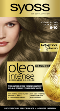 Syoss Oleo Intense farba do włosów Ciemny Blond 6-10, front opakowania z kobietą i olejkiem, bez amoniaku.