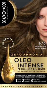 Syoss Oleo Intense 6-10 Ciemny Blond farba do włosów bez amoniaku, opakowanie z modelką o brązowych włosach.