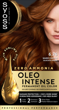 Syoss Oleo Intense 6_76 Złocista Miedź, trwała farba olejna bez amoniaku, na opakowaniu modelka z rudymi włosami.