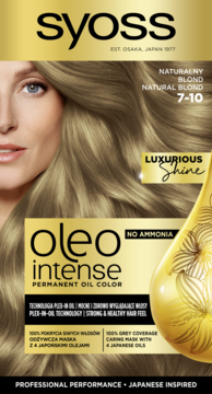 Syoss Oleo Intense 7-10 Natural Blond, trwała farba bez amoniaku, złoto-beżowe pudełko z przodu.