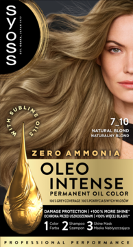 Syoss Oleo Intense 7-10 Natural Blond, farba do włosów bez amoniaku, z olejkami. Na opakowaniu blondynka.