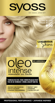Opakowanie farby Syoss Oleo Intense 9-10 Jasny Blond, z wizerunkiem blondynki i kroplą oleju. Bez amoniaku.