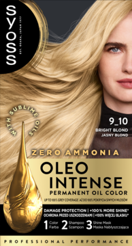 Syoss Oleo Intense 9-10 Jasny Blond, farba do włosów bez amoniaku. Na opakowaniu blond włosy i kropla olejku.