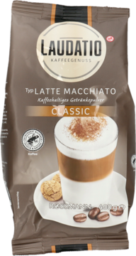 Brązowa torba Laudatio Latte Macchiato Classic - napój kawowy w proszku, z grafiką kawy i ciastek.