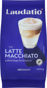 Granatowy proszek Laudatio Latte Macchiato 400g Rossmann, z obrazkiem szklanki napoju, widok z przodu.