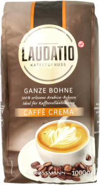 Brązowa paczka kawy ziarnistej Laudatio Caffè Crema Rossmann 1000g, z filiżanką kawy na etykiecie.