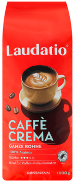 Czerwona torba kawy Laudatio Caffè Crema, 100% Arabica ziarnistej, z Rossmann. Z filiżanką kawy na przodzie.