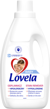 Lovela Baby hipoalergiczny odplamiacz, biała butelka z uchwytem, widok z przodu, logo serce z mamą i dzieckiem.