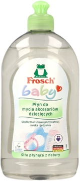 Ekologiczny płyn Frosch Baby do mycia akcesoriów dziecięcych, w przezroczystej butelce z zieloną zakrętką, ujęcie z przodu.