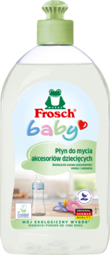 Frosch Baby płyn do mycia akcesoriów, biała butelka z zieloną nakrętką, usuwa resztki mleka i jedzenia.