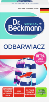 Białe opakowanie Dr. Beckmann Odbarwiacz do tkanin, z grafiką koszuli odzyskującej kolor i napisem Ultra Silna Formuła.