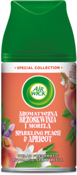 Air Wick Freshmatic wkład, zielono-brzoskwiniowa puszka z grafiką brzoskwiń, zapach Aromatyczna Brzoskwinia i Morela.