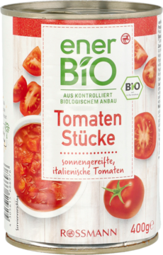 Biało-czerwona puszka enerBiO 400g z krojonymi, włoskimi pomidorami, widoczny napis Tomaten Stücke.