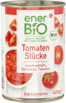 Biało-czerwona puszka enerBiO 400g z krojonymi, włoskimi pomidorami, widoczny napis Tomaten Stücke.