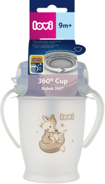 LOVI Kubek 360° dla dzieci, biały z grafiką lisa, z uchwytami i częściowym opakowaniem 9m+, widok z przodu.