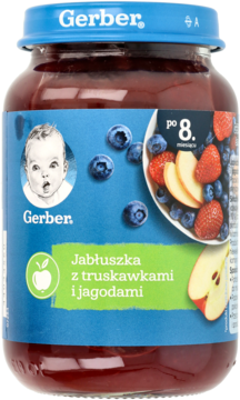Słoik Gerber z purée jabłkowo-truskawkowo-jagodowym dla niemowląt po 8. miesiącu, widok z przodu.